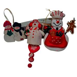3-Vintage Snowmen Christmas Ornaments 1-Wooden Snowman & Woman 1-Chef 1-Bell